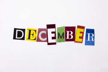 A word writing text showing concept of DECEMBER made of different magazine newspaper letter for Business case on the white background with copy space