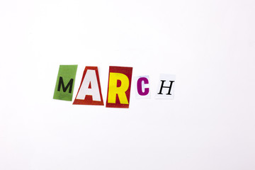 A word writing text showing concept of MARCH made of different magazine newspaper letter for Business case on the white background with copy space