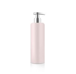Mock up cosmetic pink bottle with silver metallic dispenser for cream soap gel shampoo etc. Beauty product package template, vector illustration