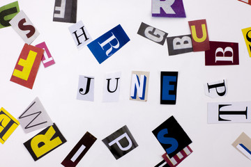 A word writing text showing concept of JUNE made of different magazine newspaper letter for Business case on the white background with copy space