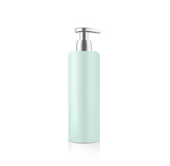 Mock up cosmetic green bottle with silver metallic dispenser for cream soap gel shampoo etc. Beauty product package template, vector illustration