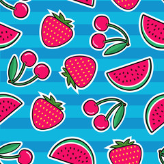 Summer colorful bright seamless pattern with patches of red strawberry, cherry, watermelon on blue background. Fashion patches and stickers. Vector illustration.