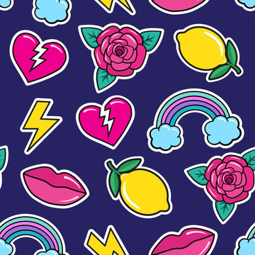 Seamless colorful pattern in fashion rockabilly tattoo style. Patches set, broken heart, rose, lemon, lips, rainbow etc on blue background. Vector illustration of modern vintage stickers 