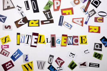 A word writing text showing concept of INTELLIGENCE made of different magazine newspaper letter for...
