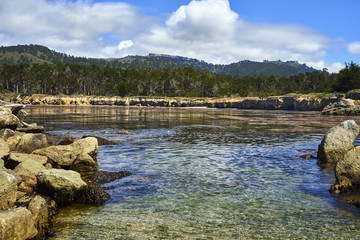 pacific ocean inlet on the California coast near Monterey; its crystal clear waters show algae and small rocks
