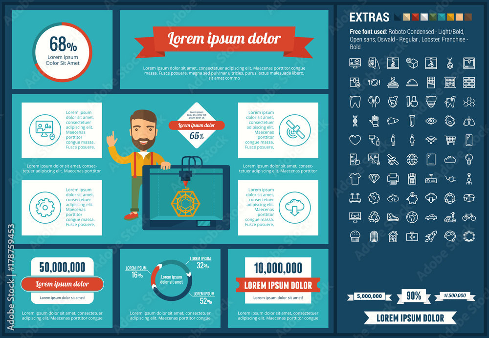 Poster three d printing infographic template and elements. the template includes illustrations of hipster m
