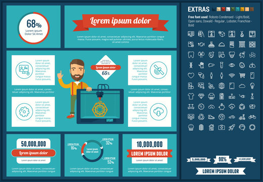 Three D printing infographic template and elements. The template includes illustrations of hipster man and huge awesome set of thin line icons. Modern minimalistic flat vector design.