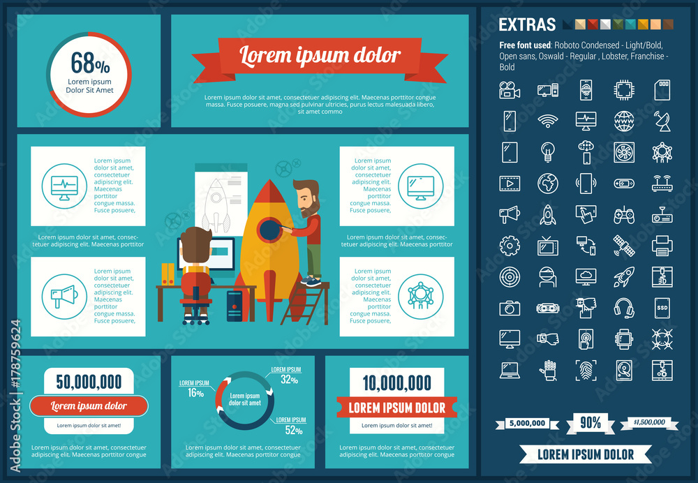 Poster technology infographic template and elements. the template includes illustrations of hipster men and