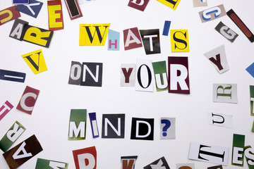 A word writing text showing concept of WHAT'S ON YOUR MIND QUESTION made of different magazine newspaper letter for Business case on the white background with copy space
