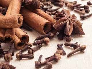 Spices cinnamon sticks anise stars and cloves