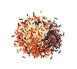 Jasmine rice, Brown rice, Black rice, Mixed rice and Riceberry, isolated on a white
