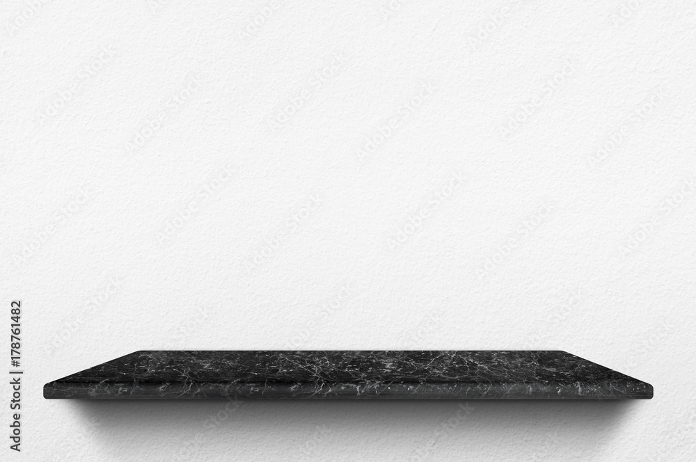Poster empty black marble stone shelf at white concrete wall background,mock up for display or montage of p