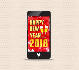 Happy new year 2018 with glasses phone greeting card