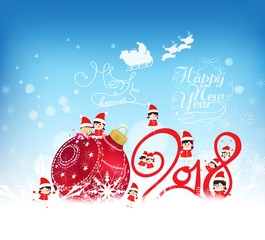 Happy new year 2018. Christmas background with red bauble, kids, snow and snowflakes