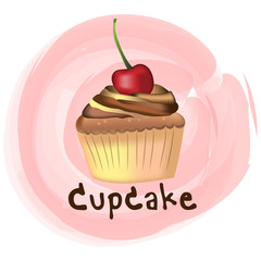 Vector and illustration of cute vanilla cupcake with chocolate whipping cream decorated topping in hand drawing and water color painting style with cute cupcake word on pink pastel background