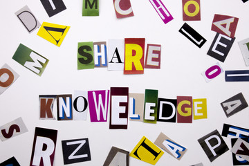 A word writing text showing concept of SHARE KNOWELEDGE made of different magazine newspaper letter for Business case on the white background with copy space