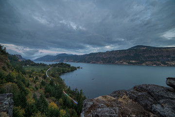Distant train at sunrise in the Columbia River
