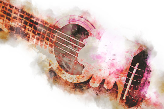 Abstract beautiful playing Guitar in the foreground on Watercolor painting background and Digital illustration brush to art.