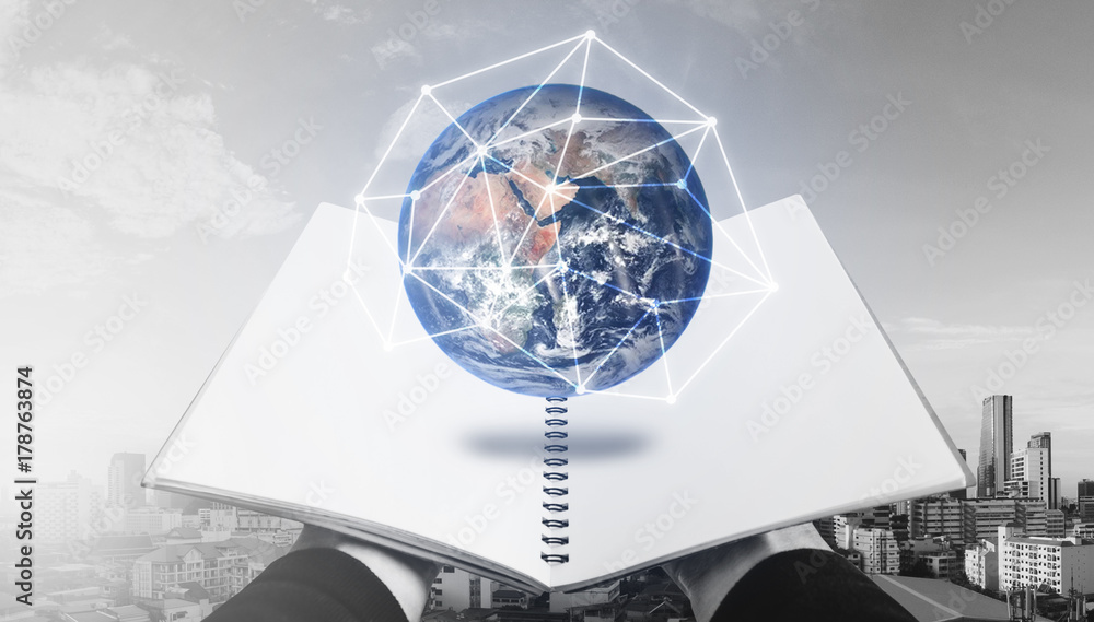 Poster opened book with globe hologram. education, knowledge technology and e-learning concept. elements of