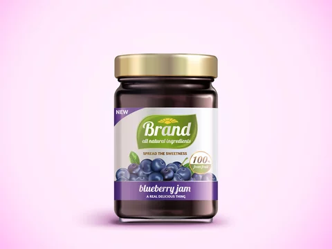 Download Blueberry Jam Package Design Glass Jar Mockup With Designed Label In 3d Illustration Pink Background Stock Vector Adobe Stock