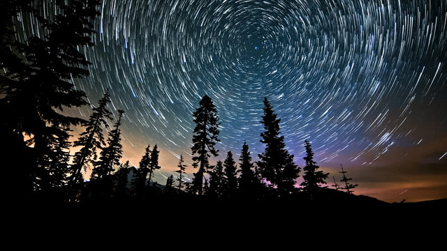 Mt. Hood and Aurora Night Sky Star Trails Over Oregon
