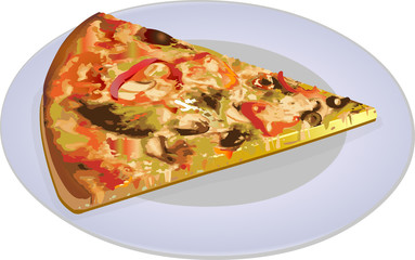 A slice of pizza on a plate with mushrooms, olives and tomato isolated vector illustration