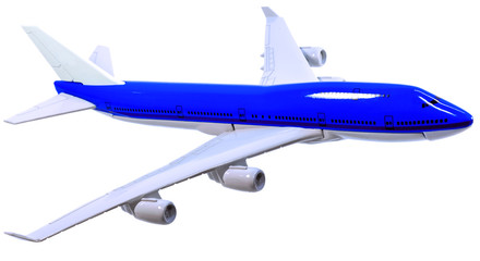 maquette bleue d'avion de ligne, fond blanc 