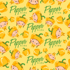 Fototapeta premium Boy and girl wearing Vegetable shaped hat : Seamless Pattern : Vector Illustration