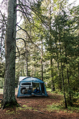 Obraz na płótnie Canvas Lake of two rivers Campground Algonquin National Park Beautiful natural forest landscape Canada tent camper