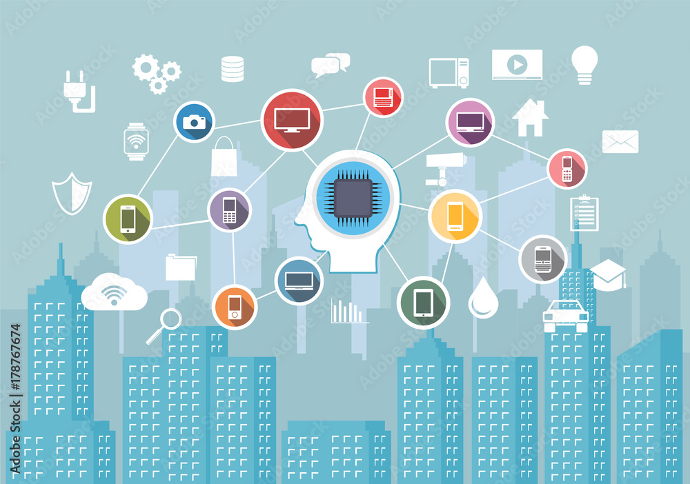 Poster abstract concept of smart city infrastructure system. internet of thing. iot. intelligence system fo