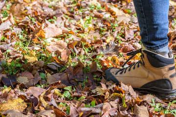 low angle closeup of woman's hiking boot