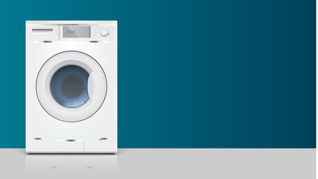 Template with washing machine for advertisement on horizontal long backdrop. Icon of realistic white washing machine, front view. 3D illustration with place for text
