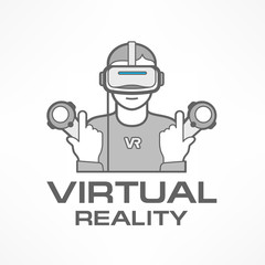 Man in virtual reality headset and controller playing video