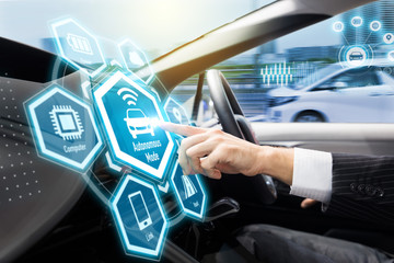 Futuristic interface of autonomous car. Self driving vehicle. Driverless car. 