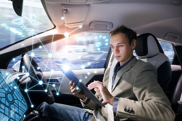 Autonomous car and wireless communication network concept. Self driving vehicle.