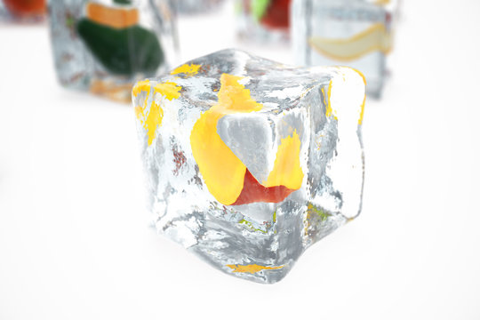 Mango in ice cube isolated on white with depth of field effects. Ice cubes with fresh berries. Berries fruits frozen in ice cubes, 3D rendering