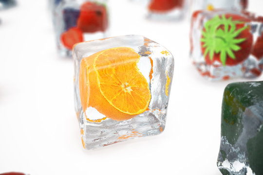 Orange in ice cube isolated on white with depth of field effects. Ice cubes with fresh berries. Berries fruits frozen in ice cubes, 3D rendering