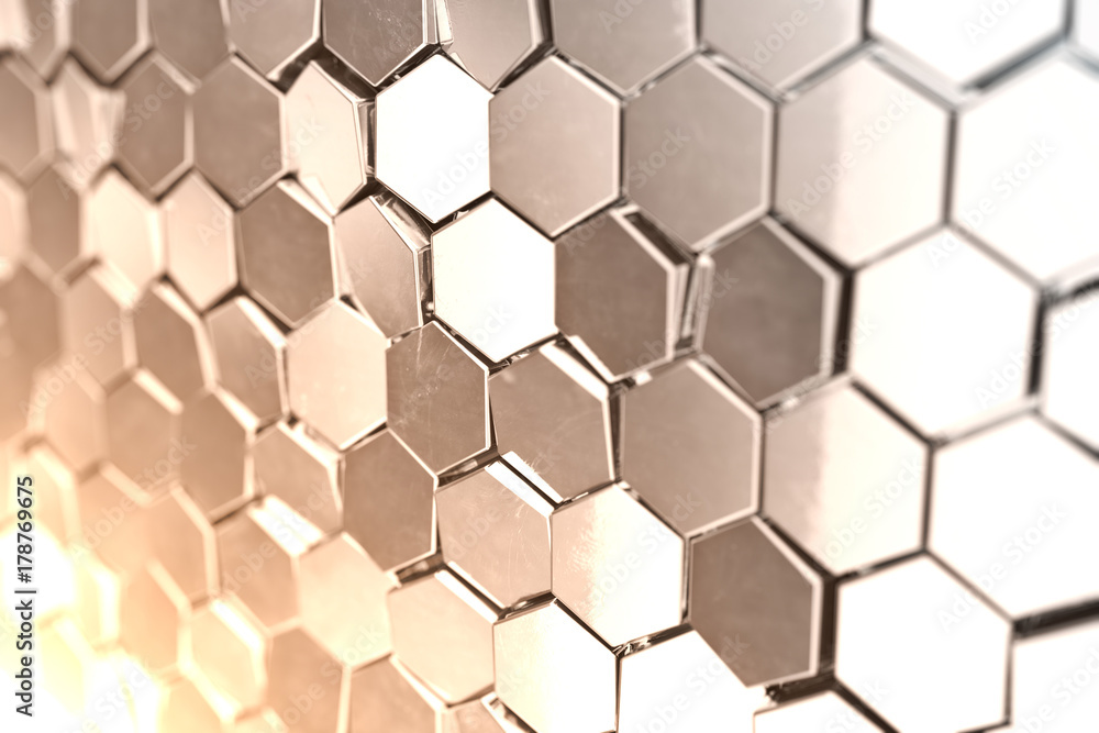 Poster futuristick abstract hexagonal background with depth of field effect. structure of a large number of