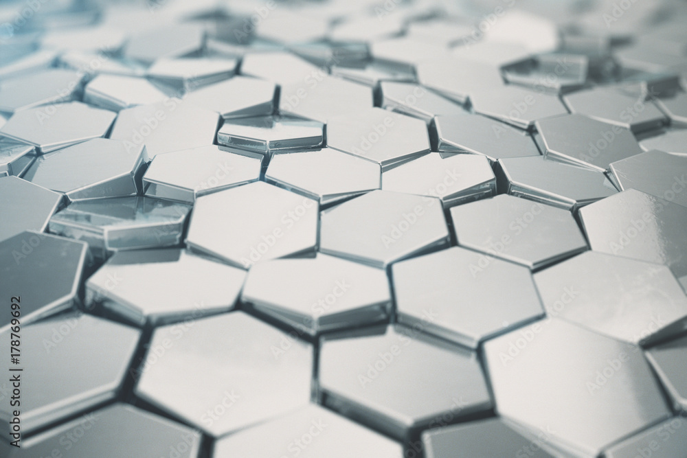 Poster silver abstract hexagonal background with depth of field effect. structure of a large number of hexa