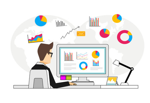 recommend clip art: Concept of business analyst. Person analyzing financial data. Business intelligence dashboard on computer.