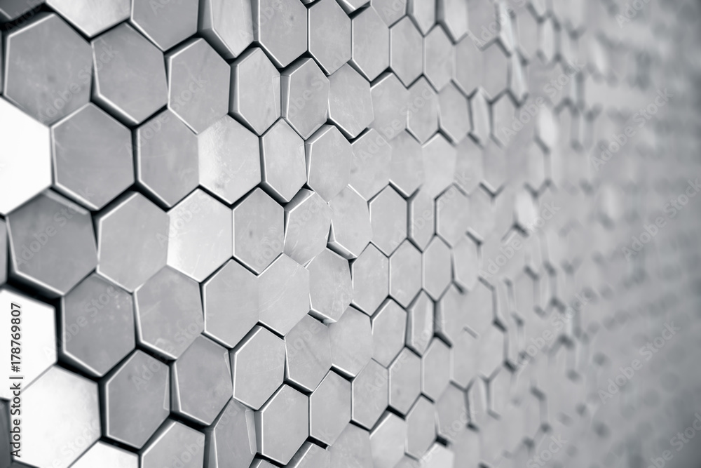 Poster silver abstract hexagonal background with depth of field effect. structure of a large number of hexa