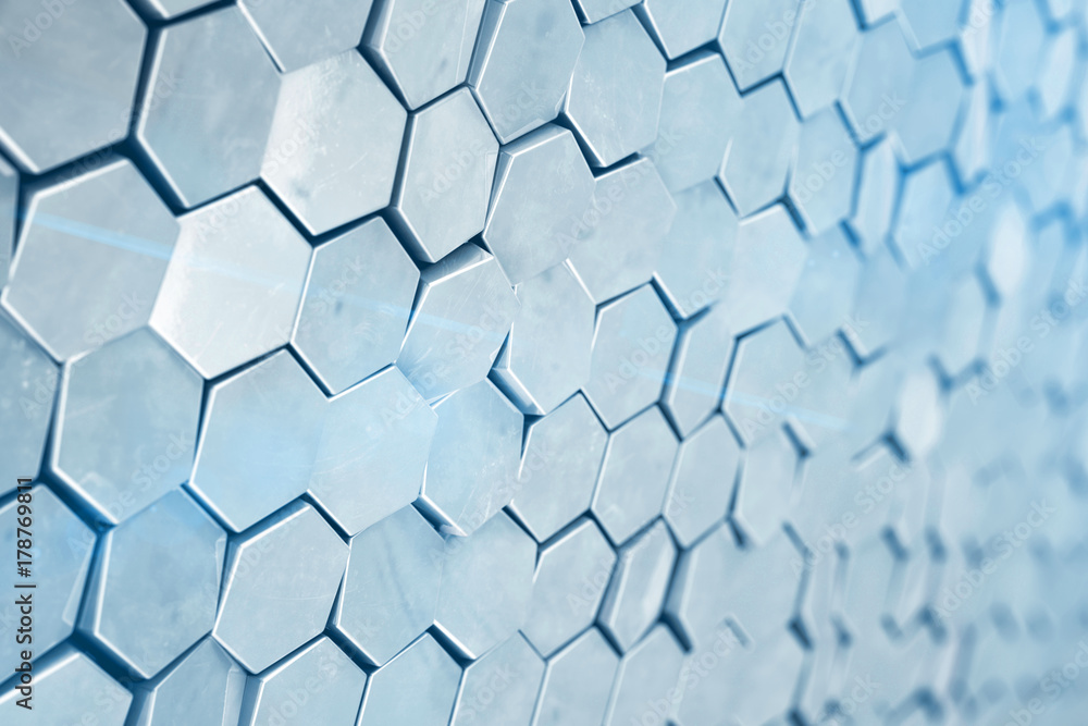 Poster futuristick abstract hexagonal background with depth of field effect. structure of a large number of