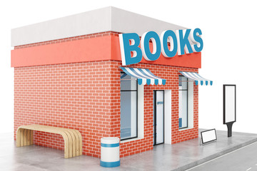 Books Store with copy space board isolated on white background. Modern shop buildings, store facades. Exterior market. Exterior facade store building, 3D rendering