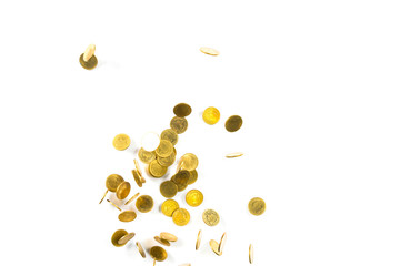 Top view of Falling gold coins money isolated on the white background, business concept.