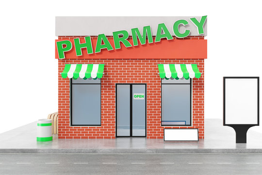 Pharmacy Store with copy space board isolated on white background. Modern shop buildings, store facades. Exterior market. Exterior facade store building, 3D rendering