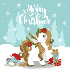Christmas pony on a winter background, snowflakes. With an inscription. Vector illustration.