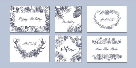Set of hand drawn winter seasonal backgrounds.