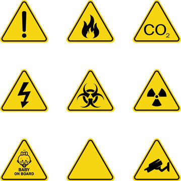 Set of triangle warning signs. Warning roadsign icon. Danger-warning-attention sign. Yellow background