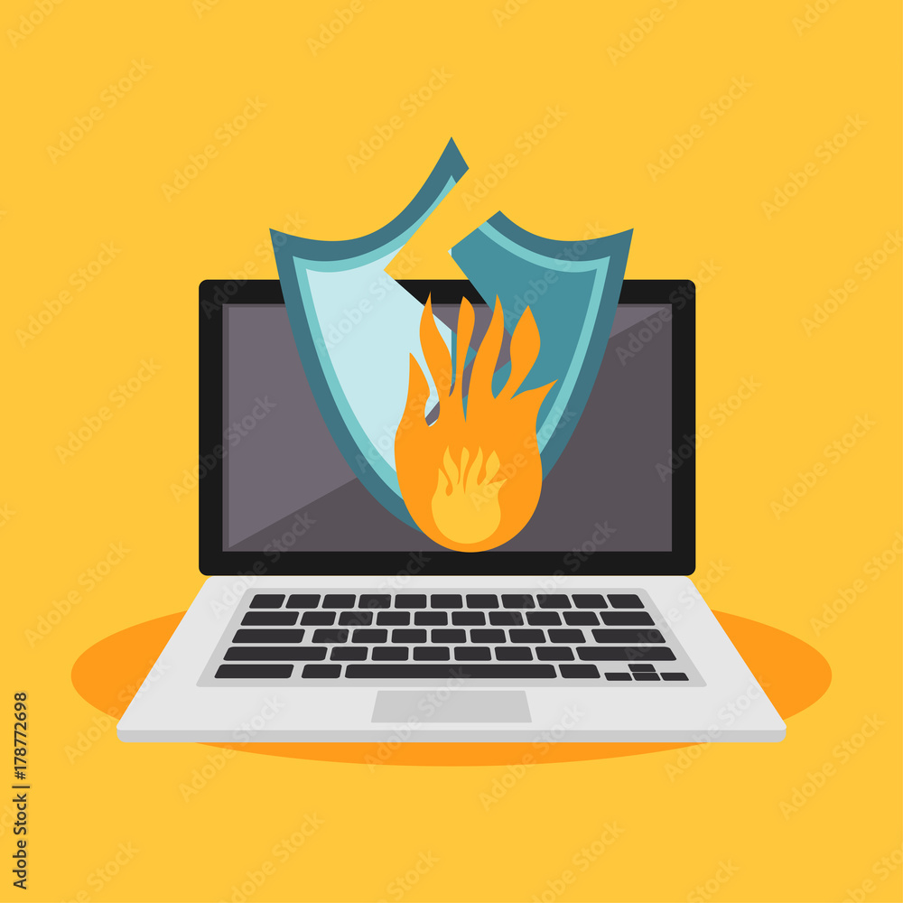 Poster hacker attack shield. harmful virus attack. concept of cyber protection and security.