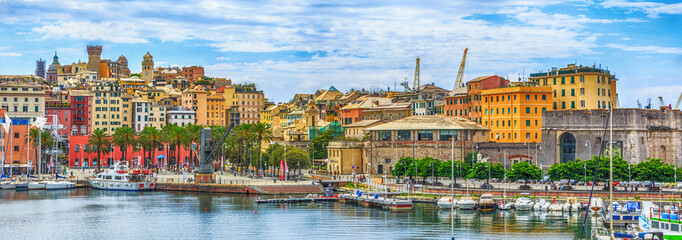 Genoa port sea view with yachts - obrazy, fototapety, plakaty